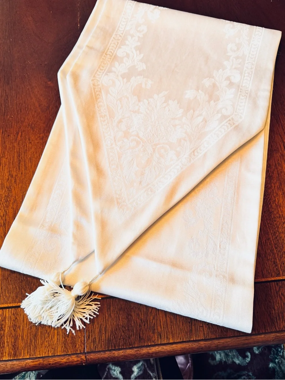 White Damask Table Runner Linens Floral Wedding Shower 89”-96”